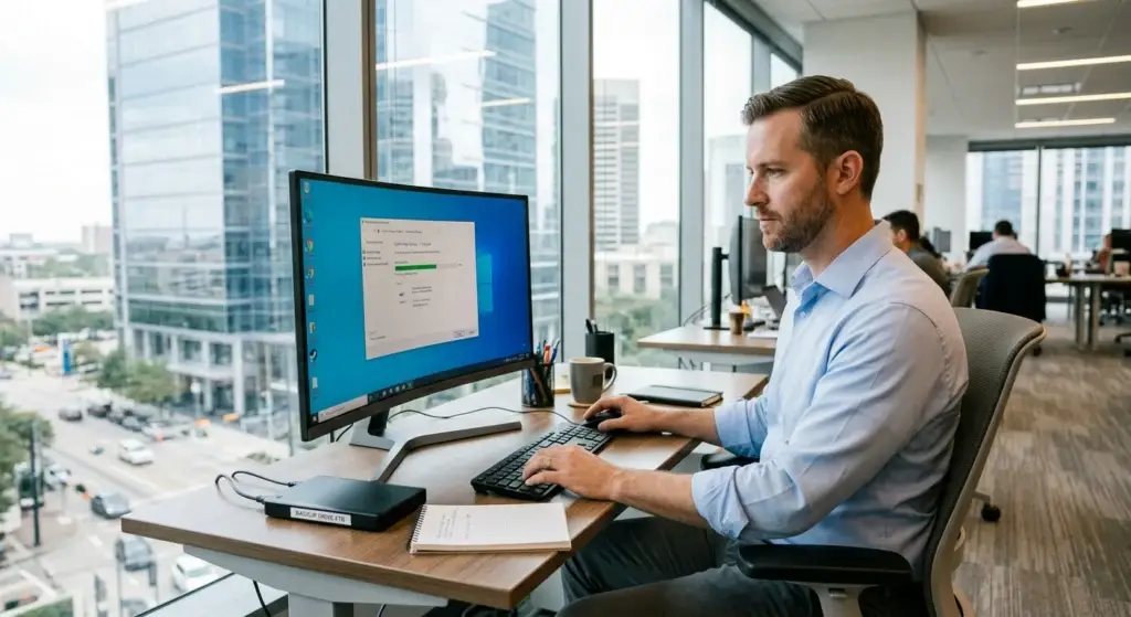 Man in a blue shirt sits at a desk in a modern office, typing on a keyboard with a large monitor and city view outside the window.
