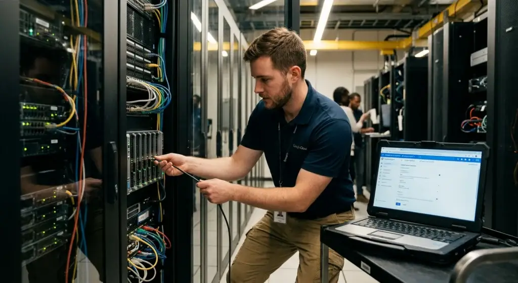 Tech worker in a polo shirt connects cables to a server rack in a data center, laptop displaying a dashboard nearby.