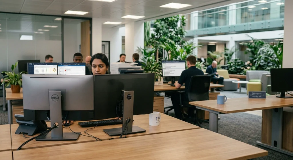Open-plan office with several workers at desks, dual monitors, and leafy plants in the background.