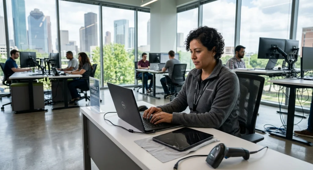 Woman typing on a Dell laptop at a white desk in a bright open-office space with large windows and a cityscape view only.