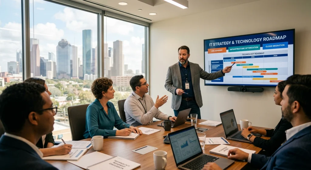 Man presenting IT strategy chart on a wall-mounted screen to colleagues in a boardroom with a city skyline visible outside the windows behind them.