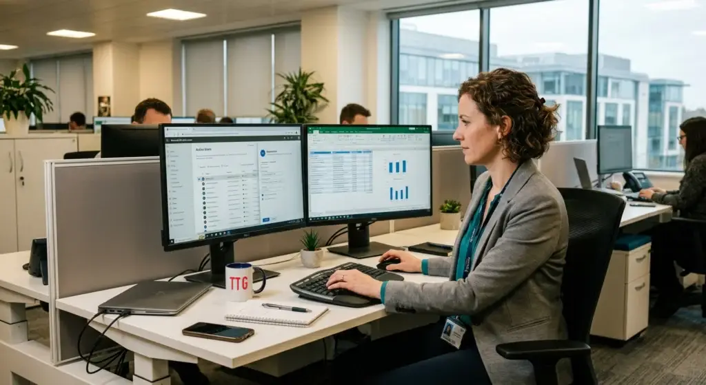 Woman in a blazer sits at a desk with two computer monitors showing data, typing on a keyboard in a bright open-office.