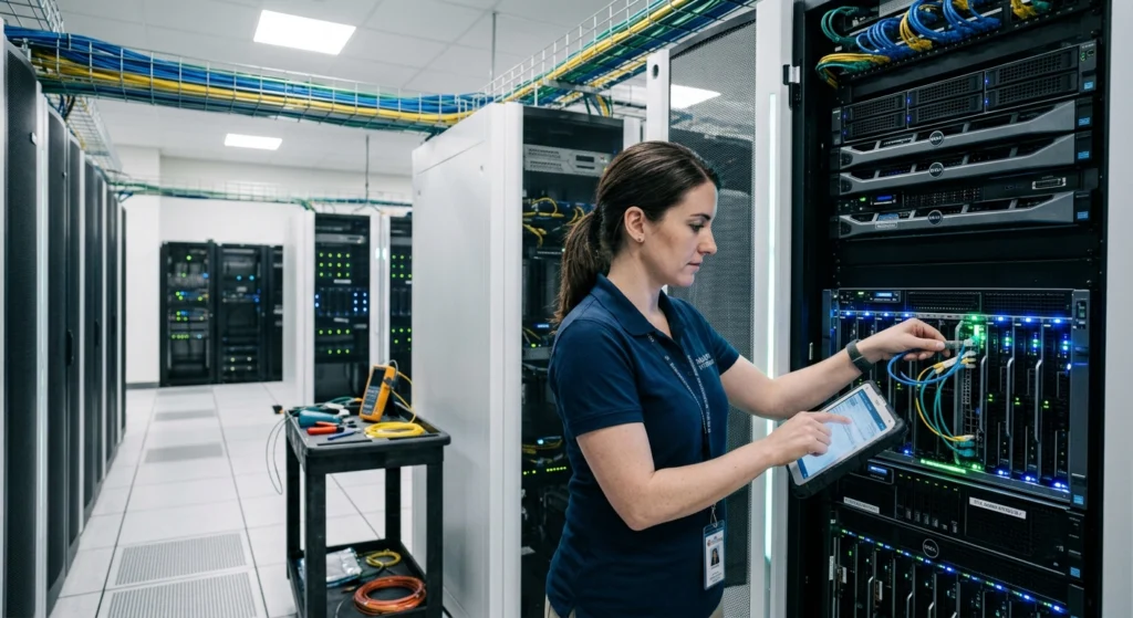 IT technician in a navy polo inspecting server racks with a tablet in a data center