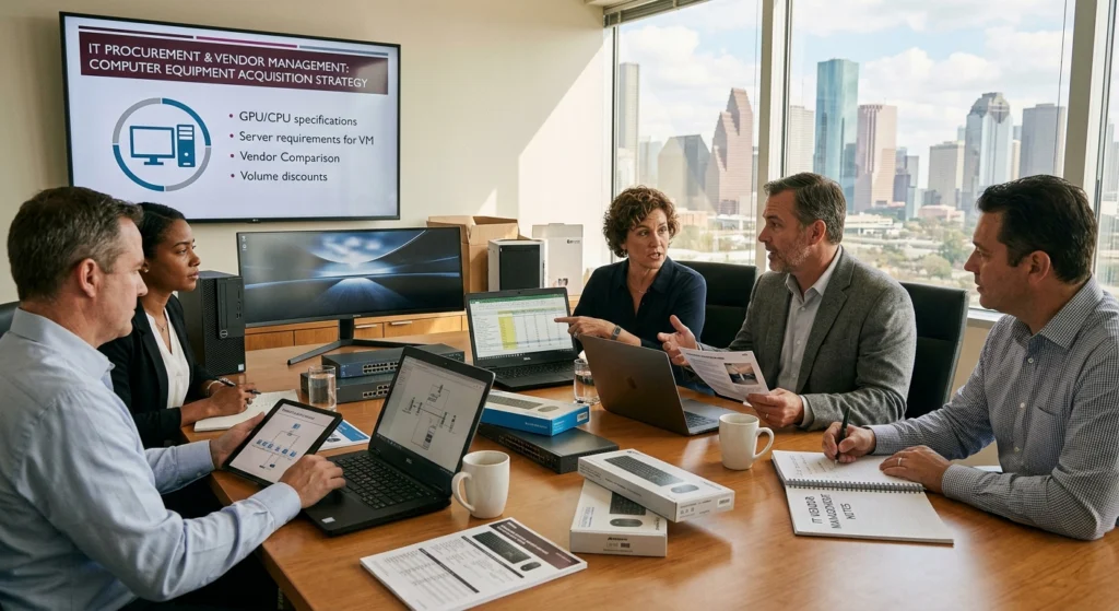Six professionals in a boardroom discuss IT procurement strategy, with laptops, notes, and a presentation on screen; city skyline outside the window.