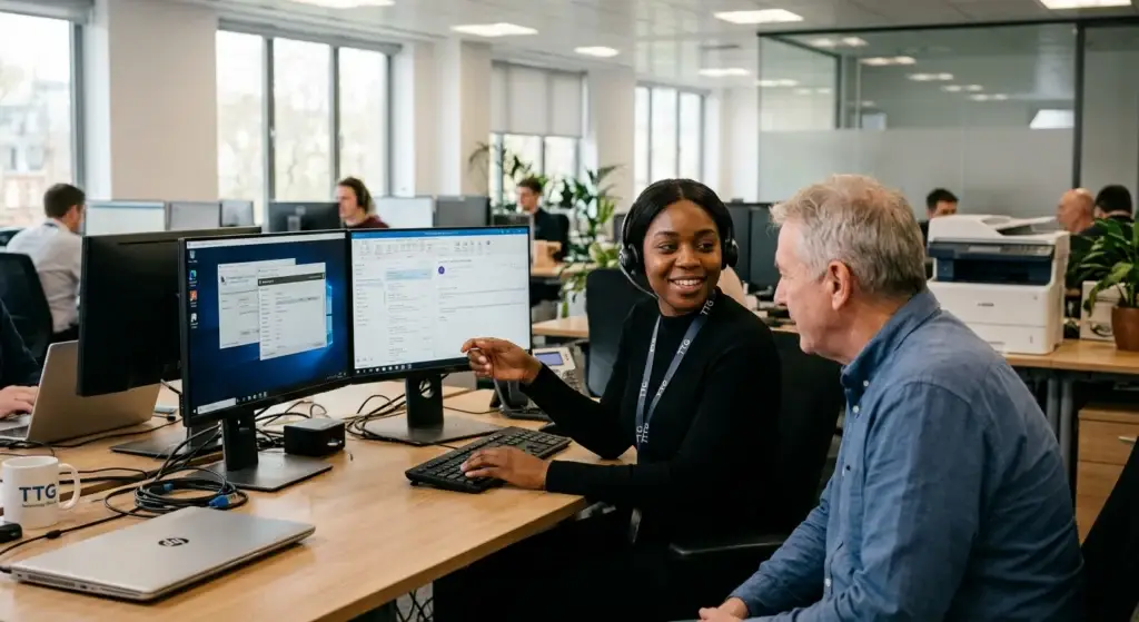 Woman with headset guides an older man at a shared workstation with dual monitors in a bright open-plan office, smiling as they discuss the screen content.Seeing the digital collaboration in a tech workspace.