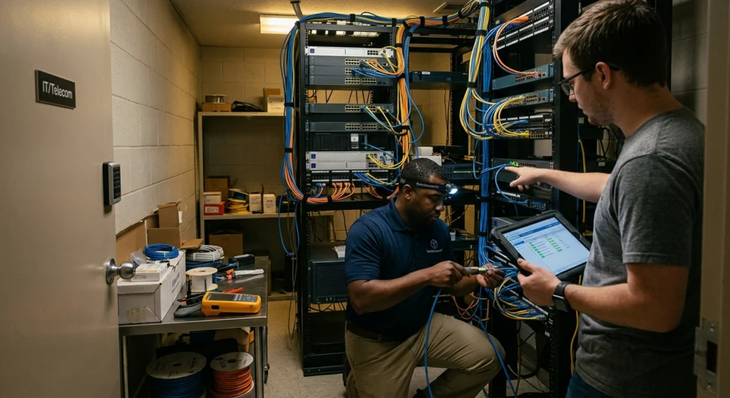 Two technicians work in a server room: one kneeling and connecting cables, the other holds a tablet near network equipment.