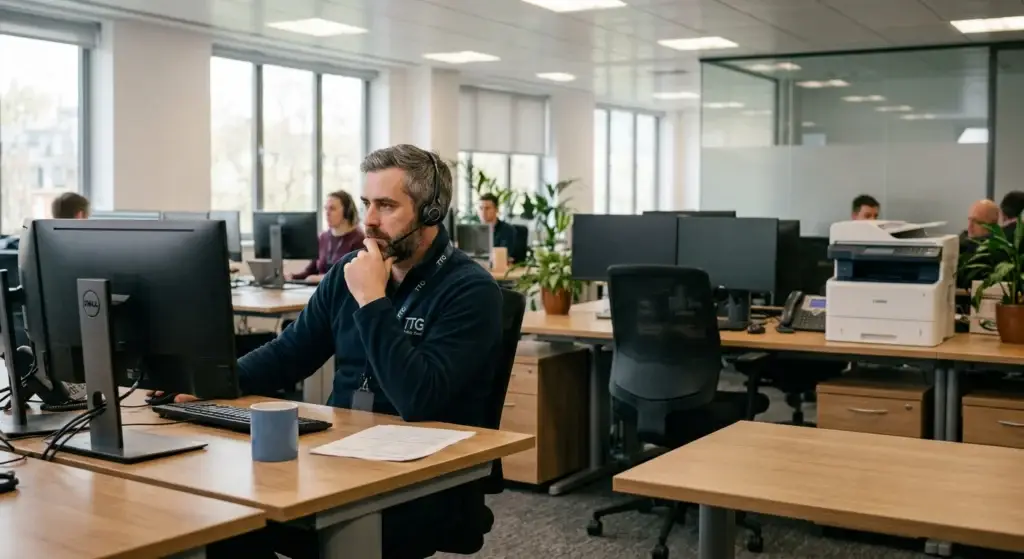 Man wearing a headset works at a computer in an open-plan office with colleagues in the background.
